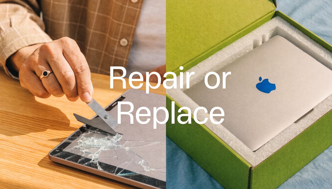 A person repairing a cracked tablet screen on a table next to a new Apple laptop in a box.