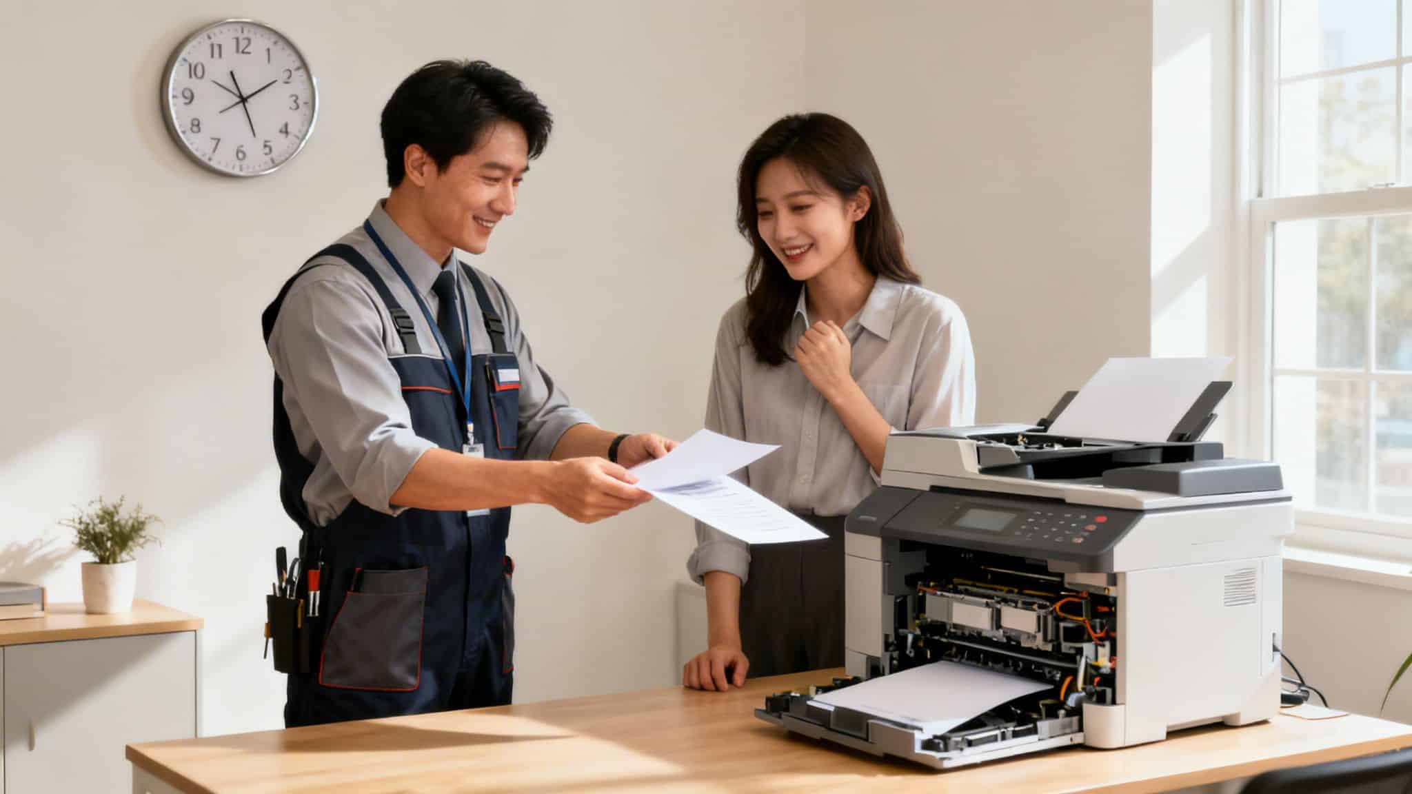 A technician hands documents to a smiling woman after servicing a large office printer.