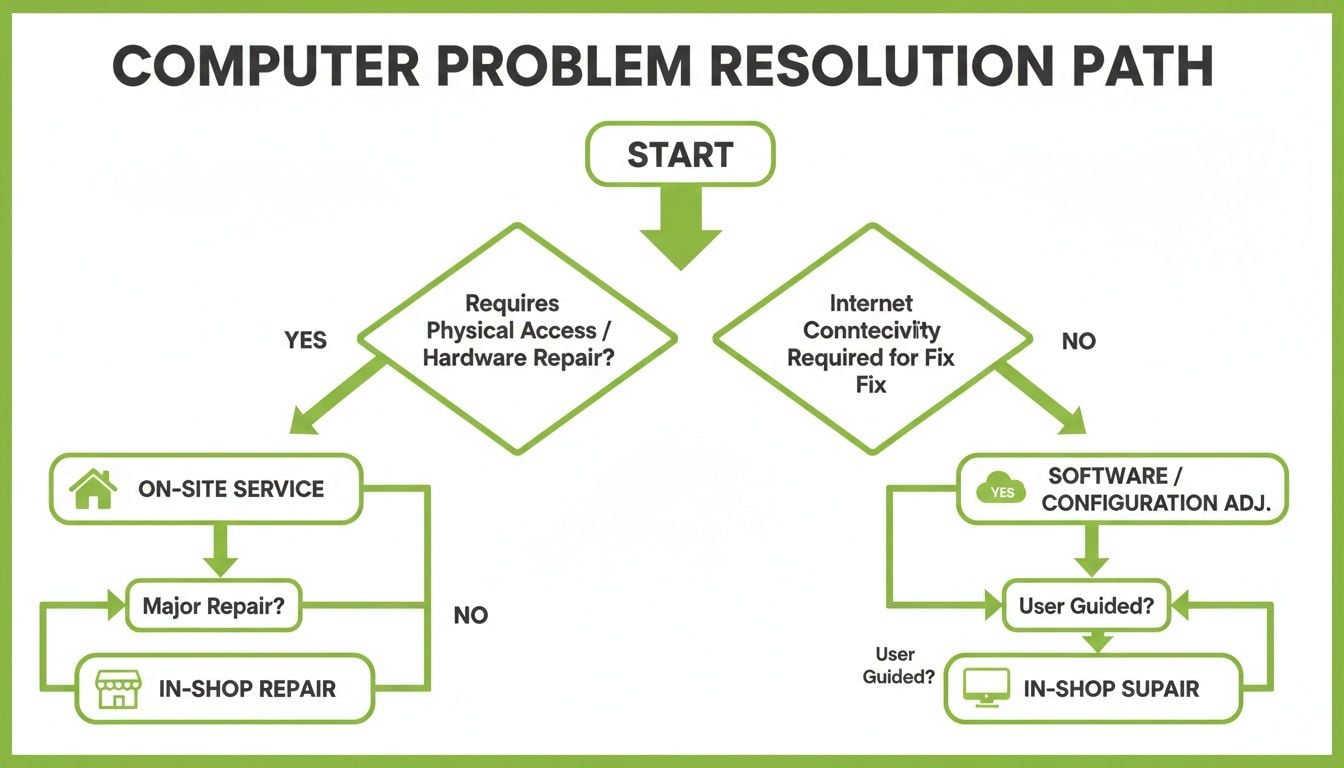 Flowchart illustrating computer problem resolution paths, including on-site, in-shop, hardware, and software repairs.