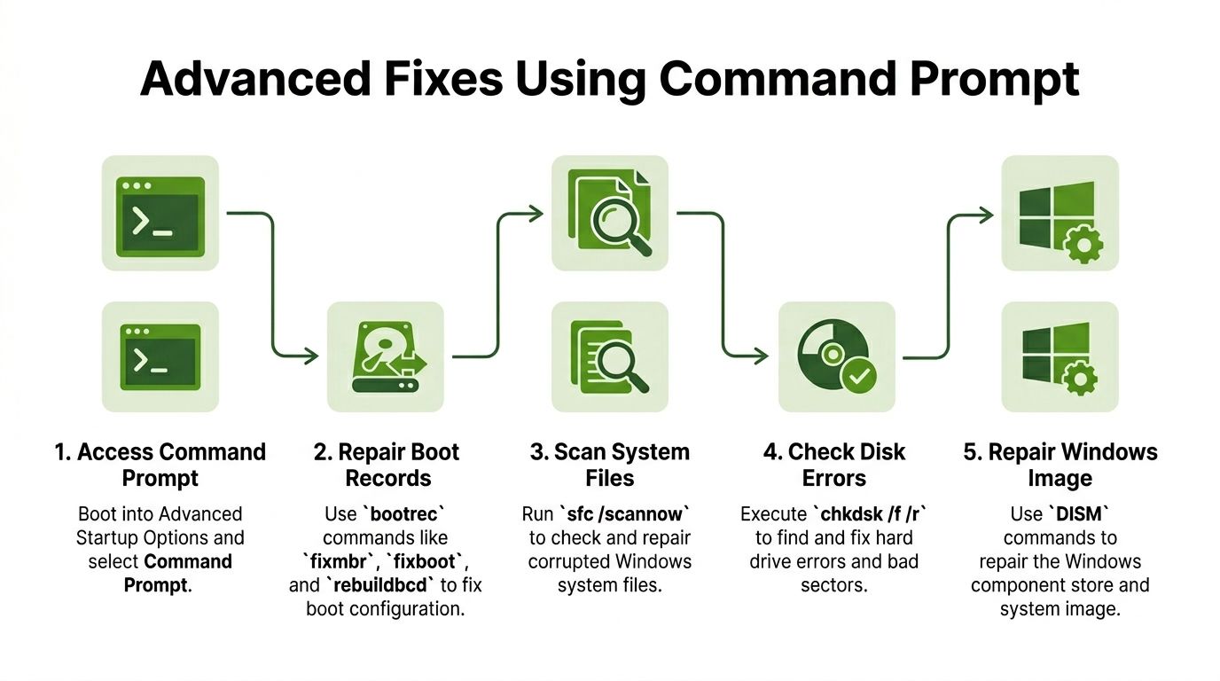 A diagram illustrating five advanced troubleshooting steps for Windows computers using the Command Prompt interface.