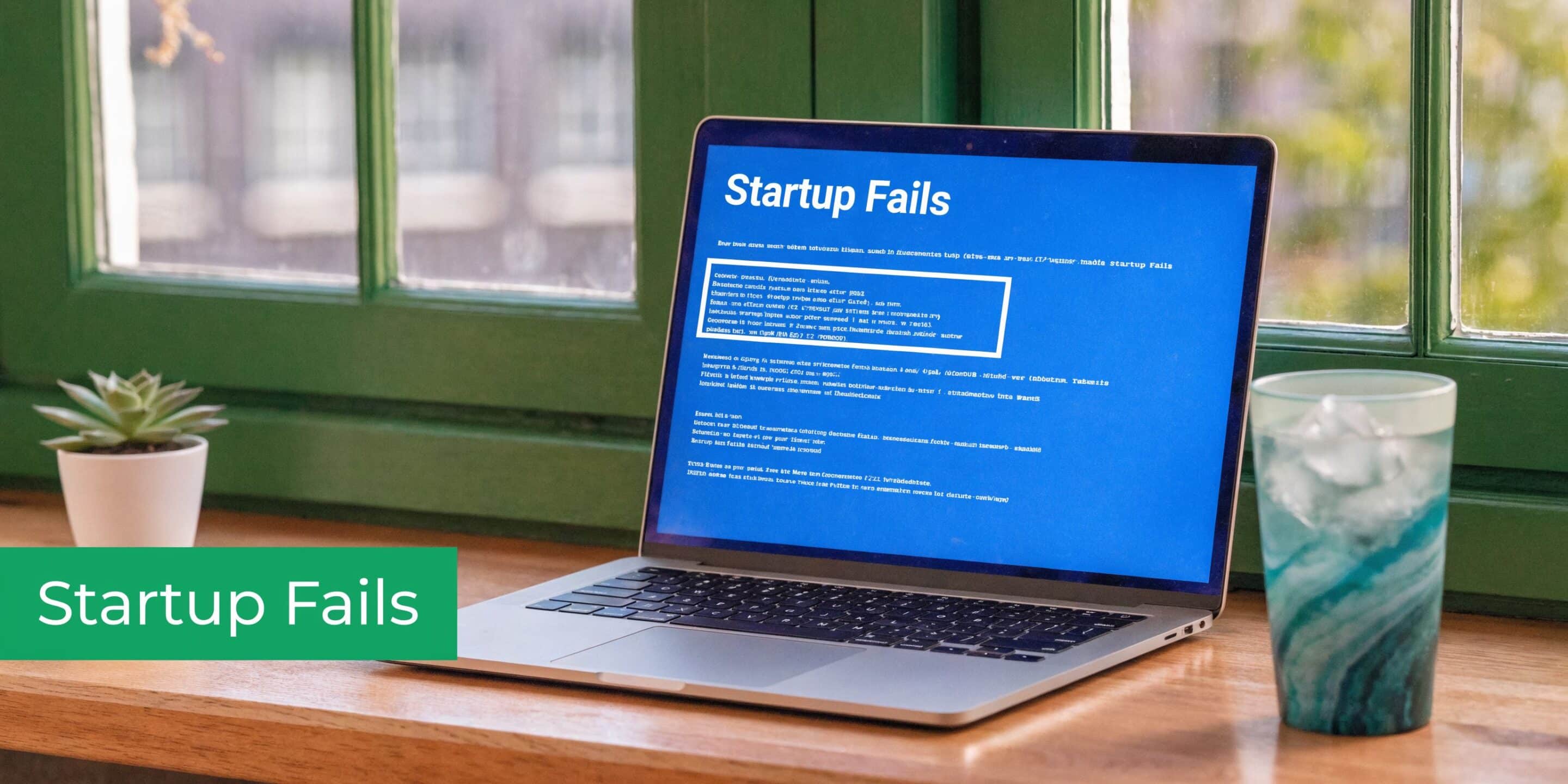 A laptop screen displaying a blue screen of death error message titled Startup Fails on a wooden desk.