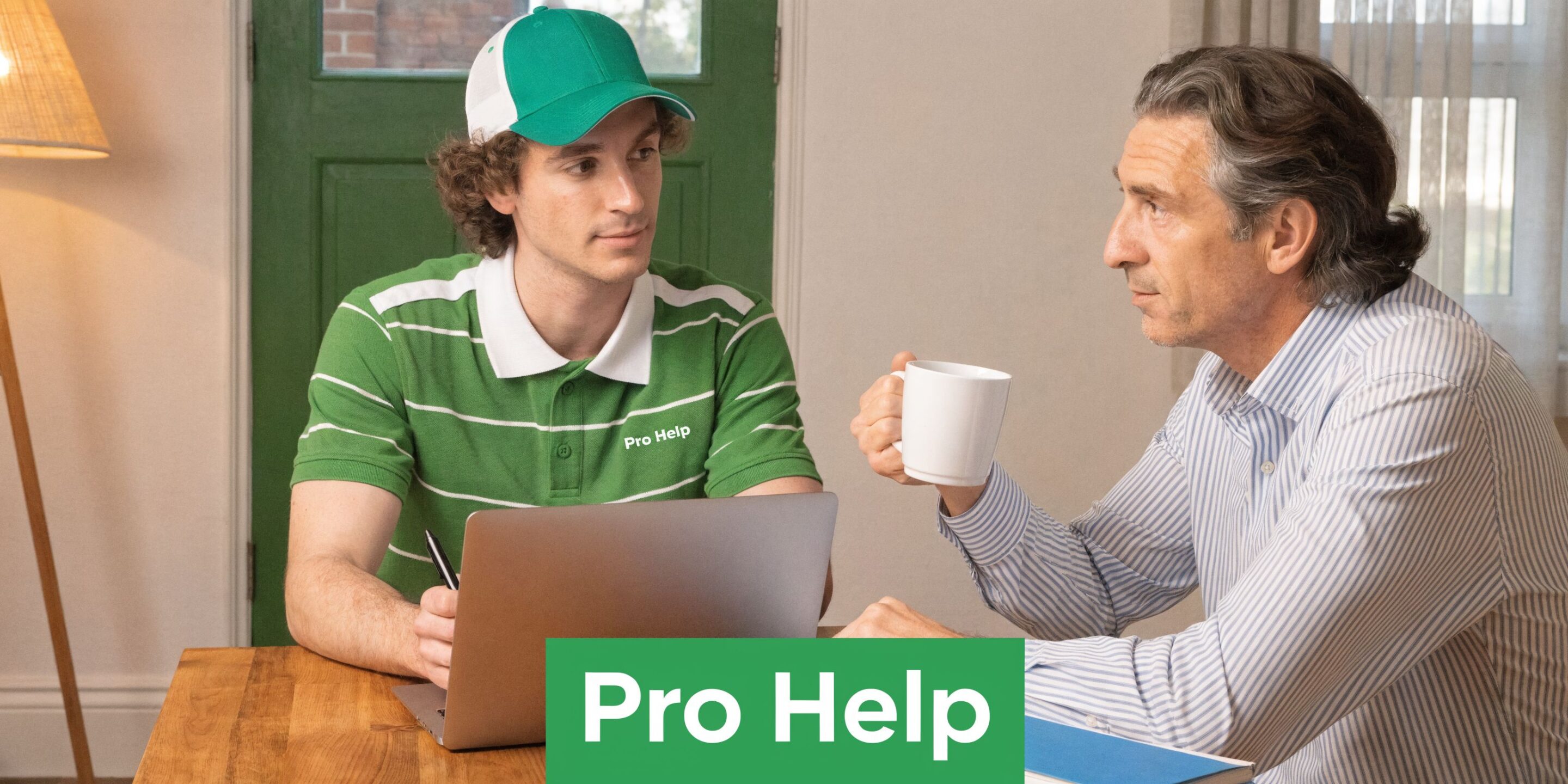 A professional service advisor in a green uniform discussing repair options with a client at home.