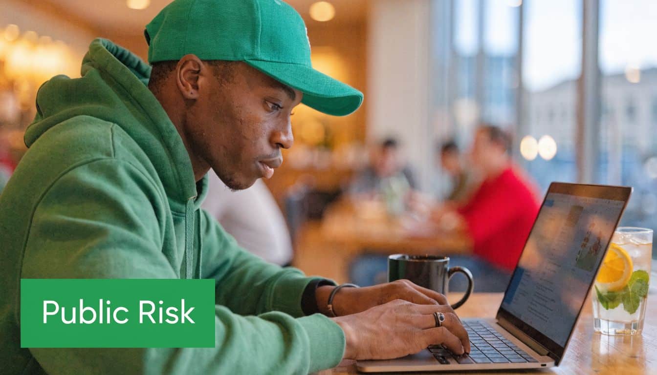 A man wearing a green hoodie and baseball cap typing on his laptop in a cafe.