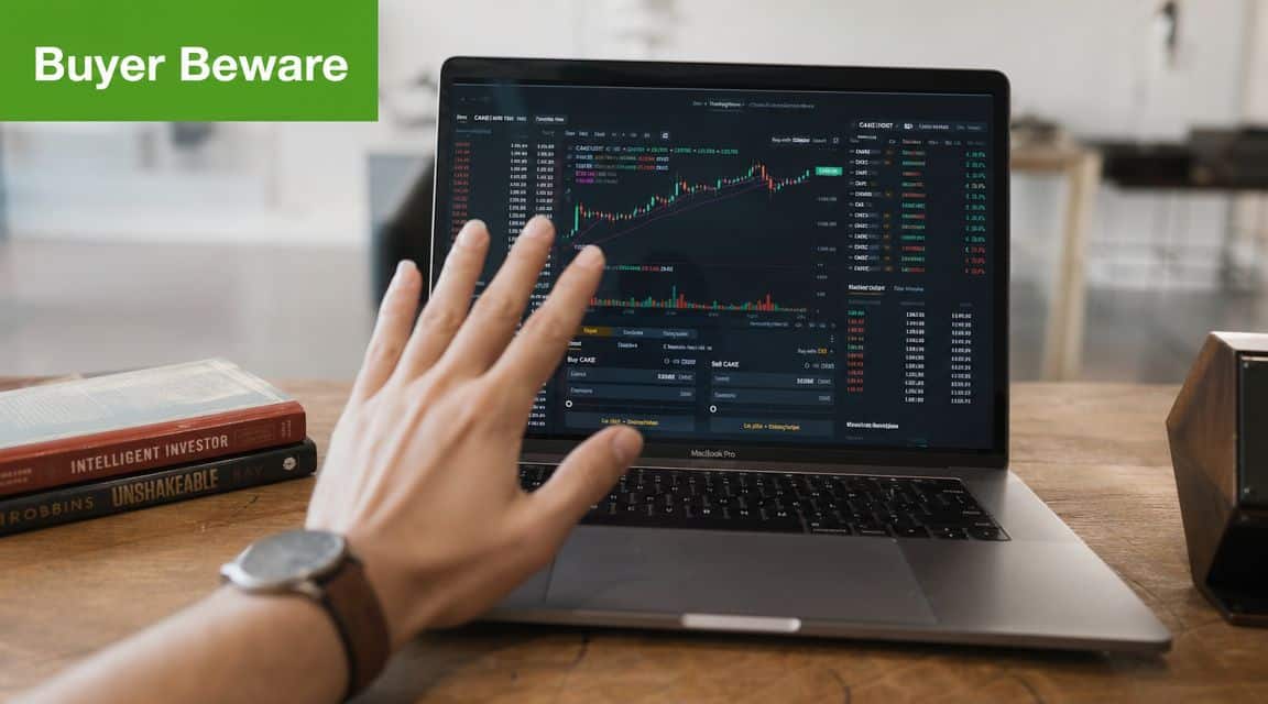 A hand reaching towards a laptop screen displaying stock market trading data on a wooden desk.