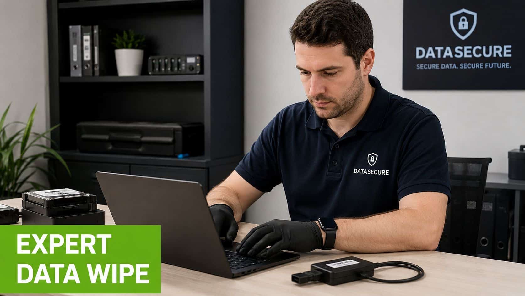 A professional technician wearing black gloves uses a laptop to perform expert data wiping on hard drives.