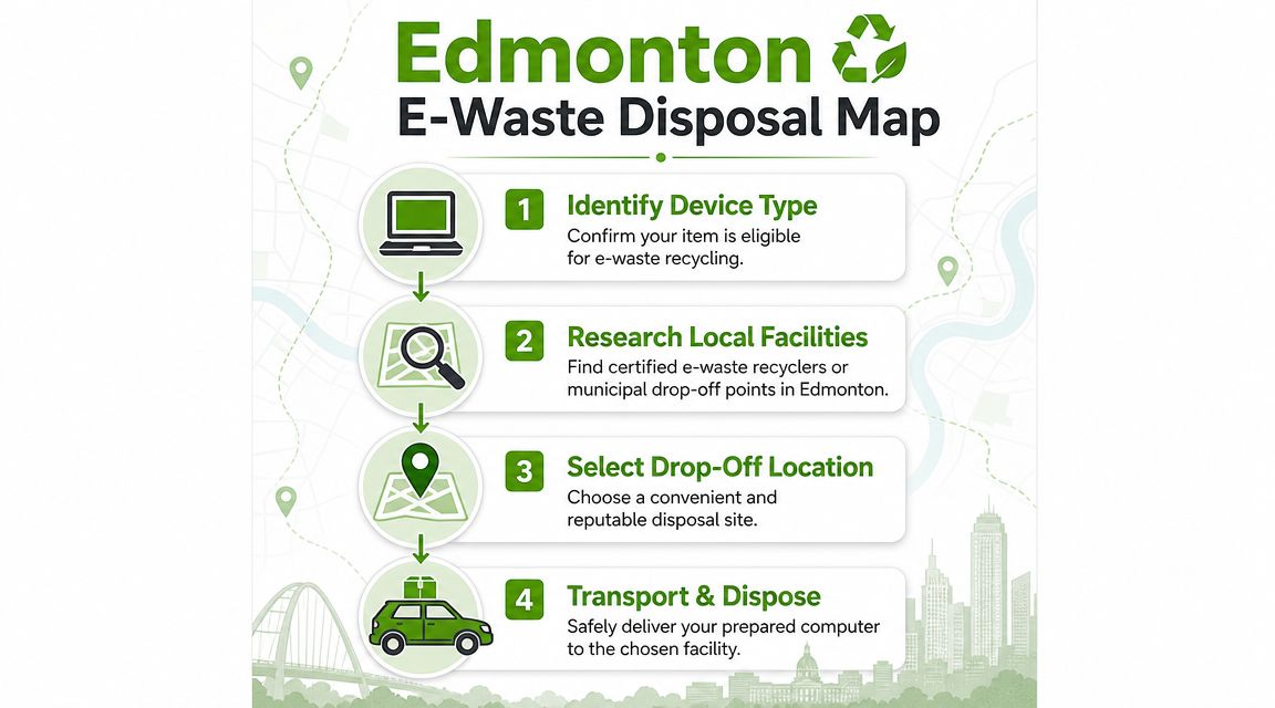 A four-step infographic illustrating the process for responsible e-waste computer disposal in Edmonton, Alberta.