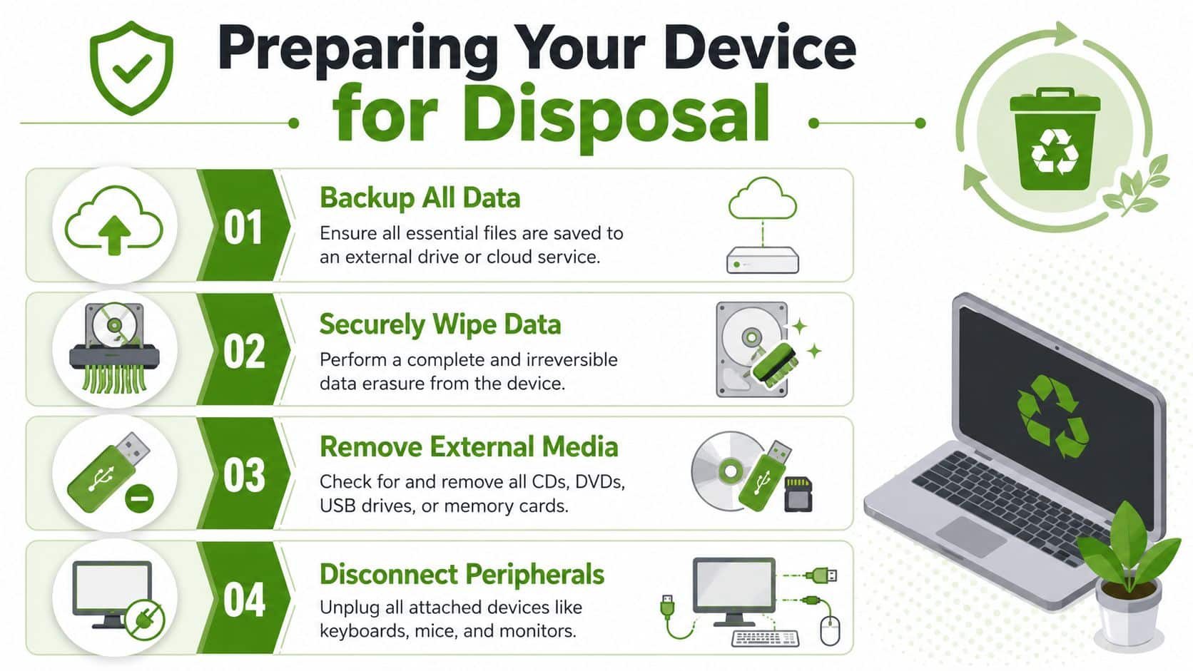 A four-step infographic guide on how to safely prepare a computer or laptop for proper electronic recycling.