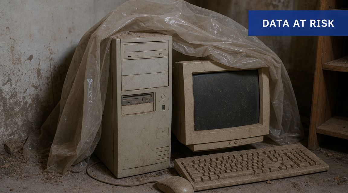 An old dusty computer tower, monitor, and keyboard covered in plastic sheets in an abandoned room.