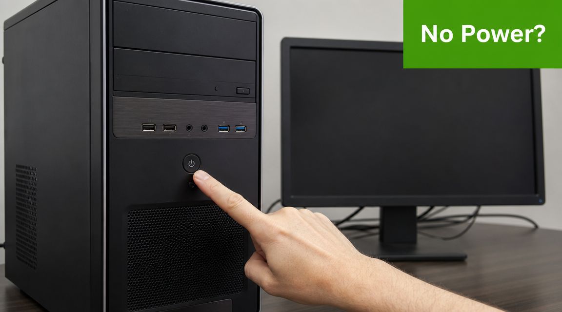 A person pressing the power button on a desktop computer tower to troubleshoot a power issue.