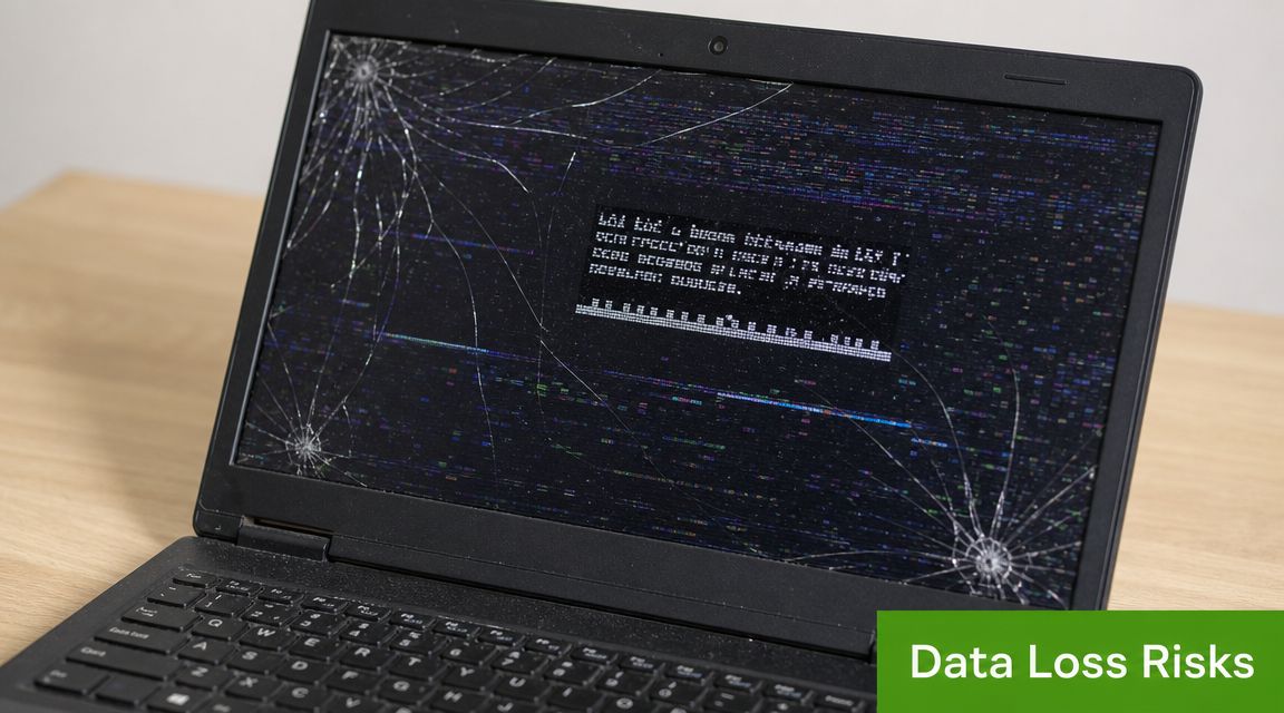 A broken laptop screen showing display glitches and pixelated text on a desk in a repair shop.