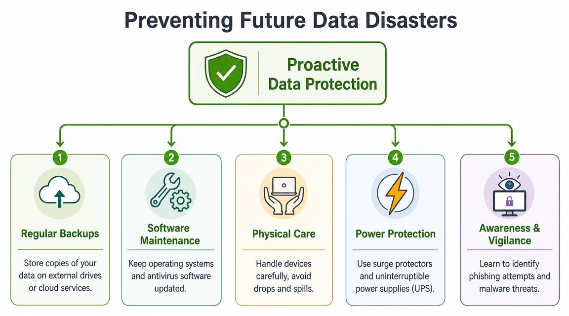 An infographic showing five key steps for proactive data protection to prevent future data disasters.