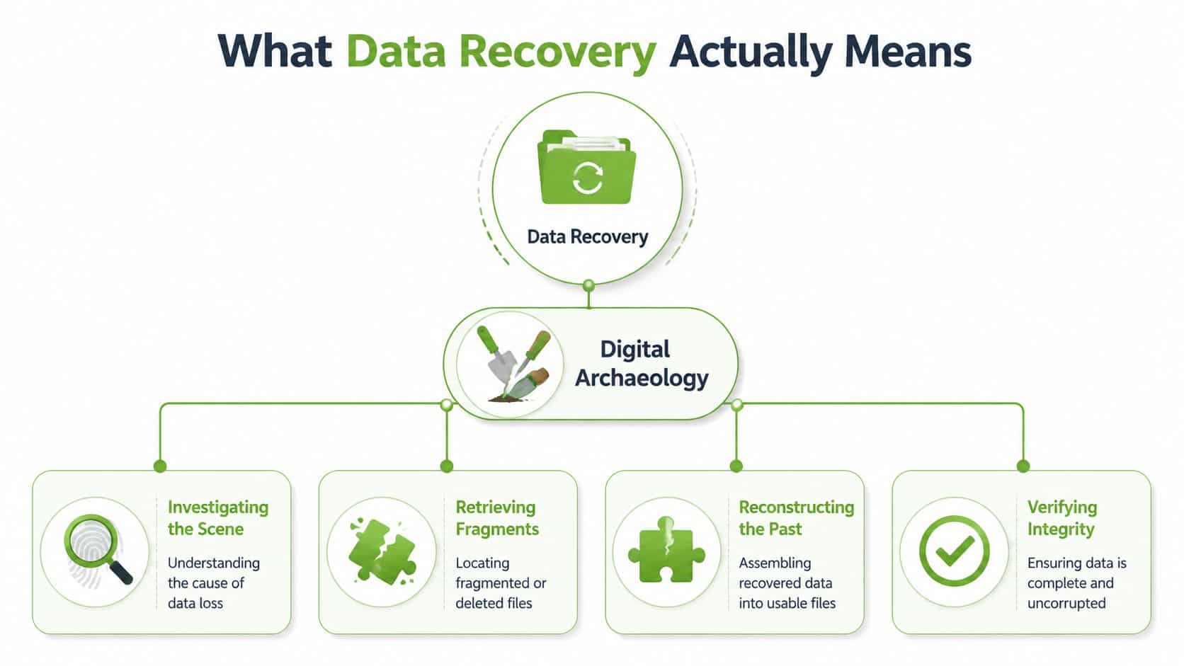 An infographic titled What Data Recovery Actually Means, illustrating digital archaeology through four steps of the recovery process.