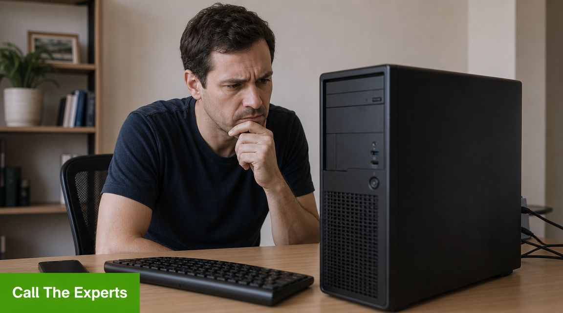 A man sits at a desk looking concerned while troubleshooting his black computer desktop tower.