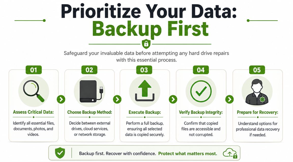 An infographic detailing five essential steps to prioritize and backup data before repairing a hard drive.