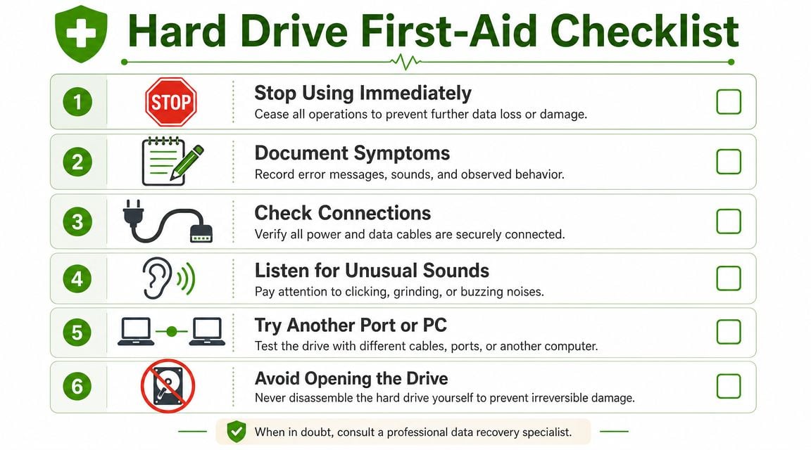 A six-step infographic titled Hard Drive First-Aid Checklist with icons guiding users on initial troubleshooting steps.