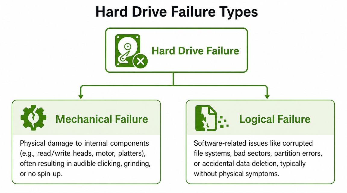 A flowchart showing the two main types of hard drive failure: mechanical failure and logical failure.