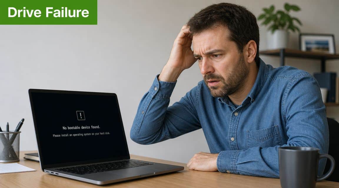 A concerned man sitting at his desk looking at a laptop screen showing a drive failure error.