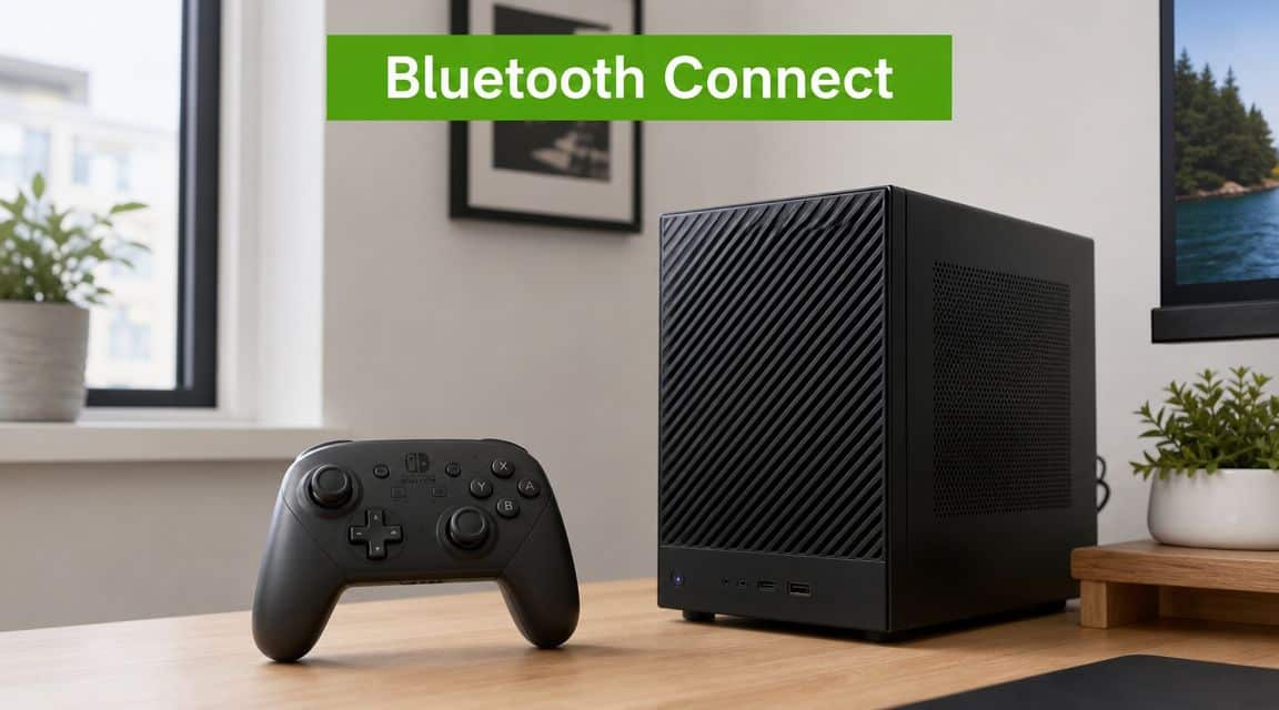 A Nintendo Switch Pro controller sits on a wooden desk next to a sleek black computer case.