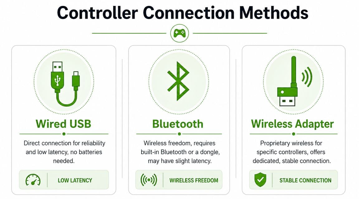 An infographic showing three controller connection methods for PCs: Wired USB, Bluetooth, and Wireless Adapter.