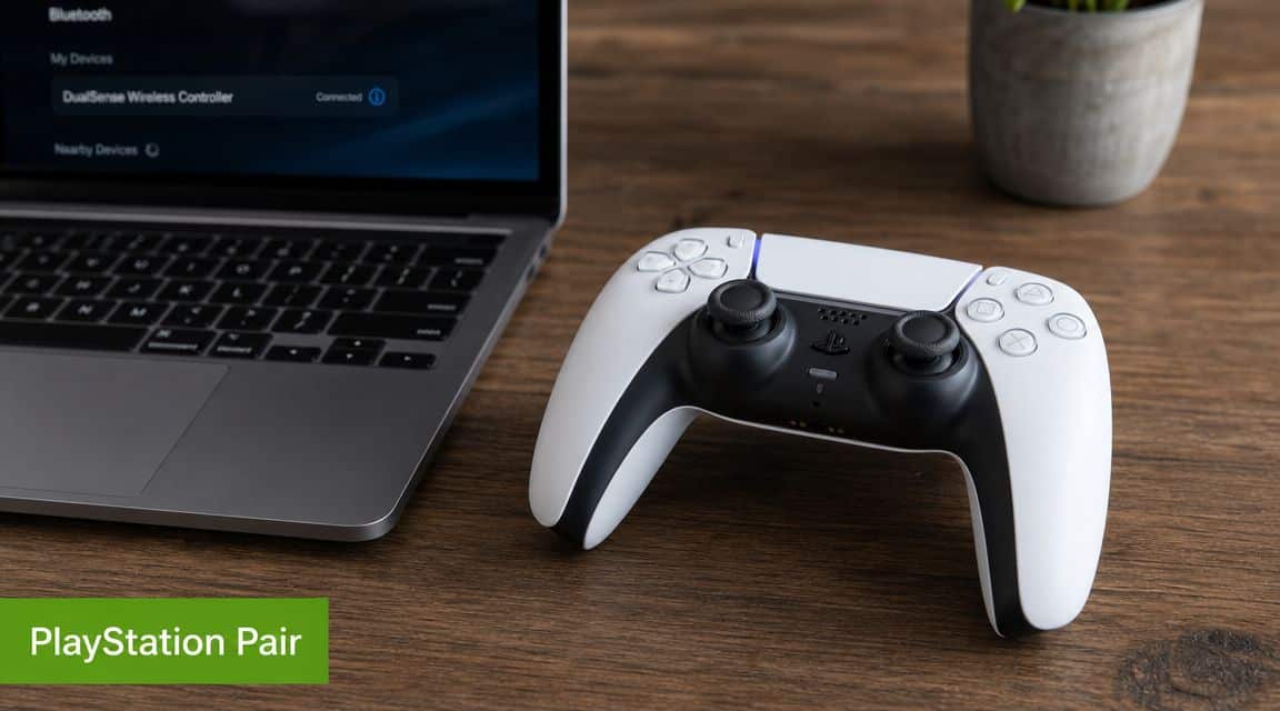 A PlayStation 5 DualSense wireless controller sitting on a wooden desk next to a laptop showing Bluetooth settings.