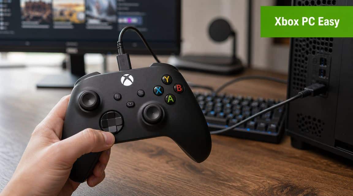 A hand holds a black Xbox controller connected to a PC via a USB cable for gaming.
