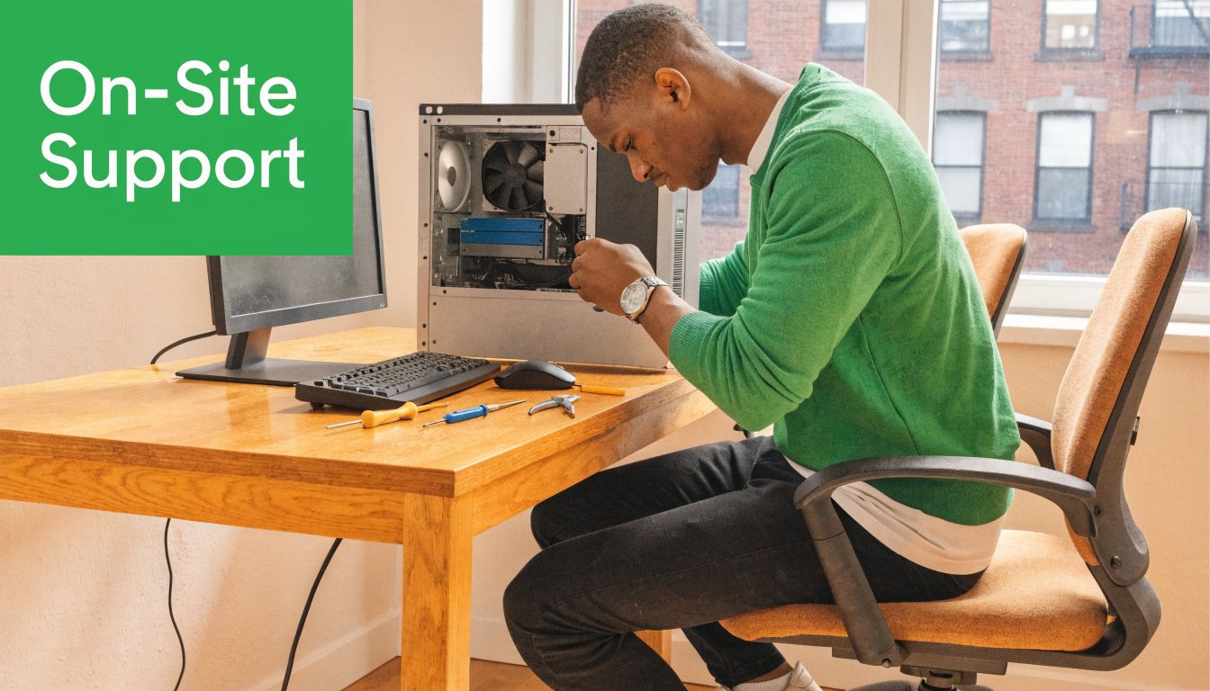 A technician sitting at a wooden desk while repairing the internal components of a desktop computer.