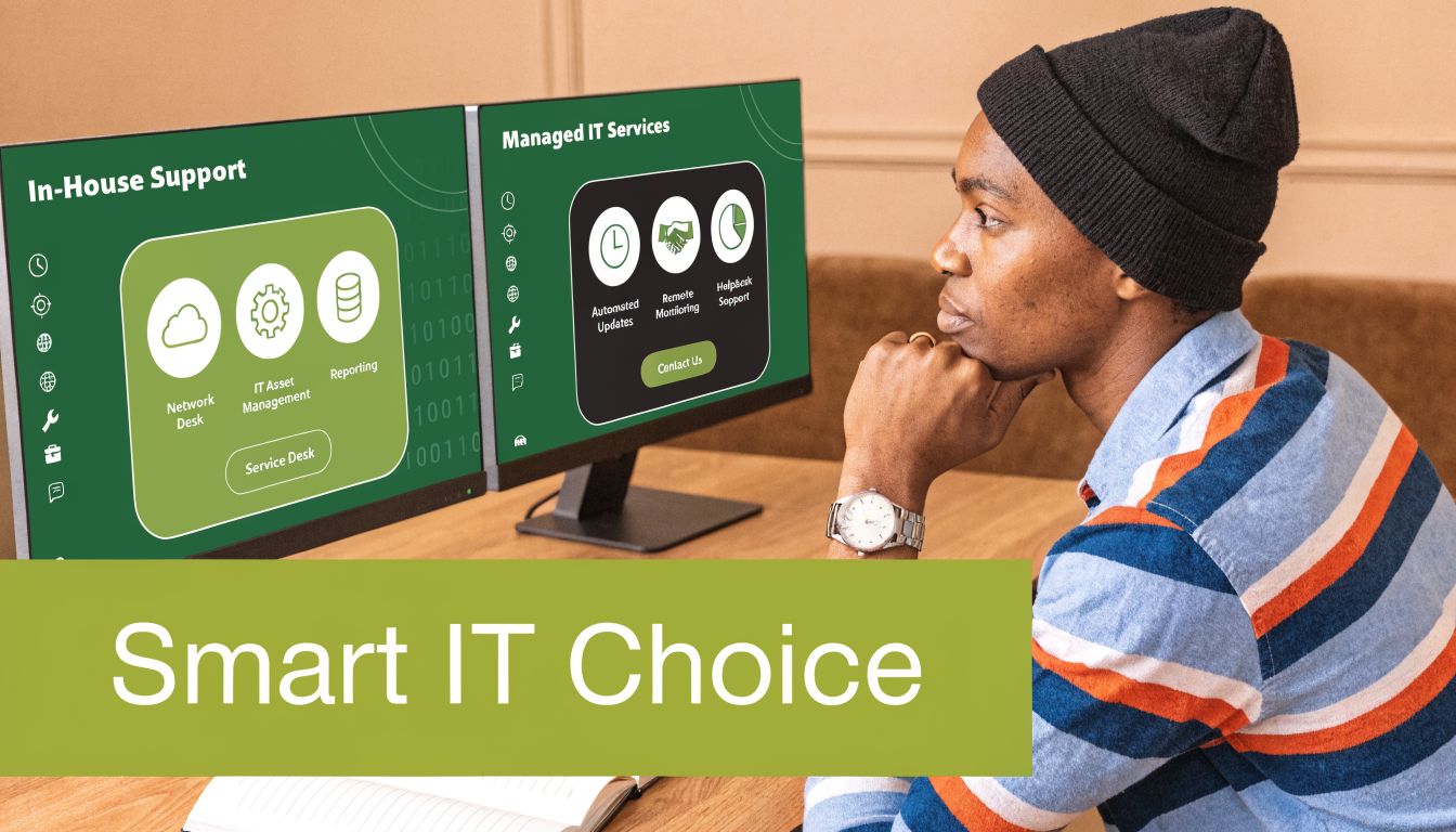 A man in a beanie looking at two computer monitors displaying IT service management service options.