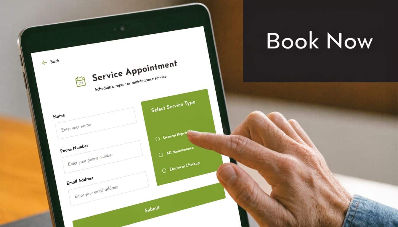 A person using a laptop to schedule a home service appointment on a digital booking form.