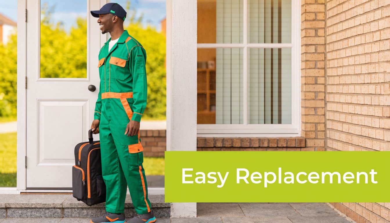 A repair technician in green work overalls holding a tool bag, standing at a house entrance.
