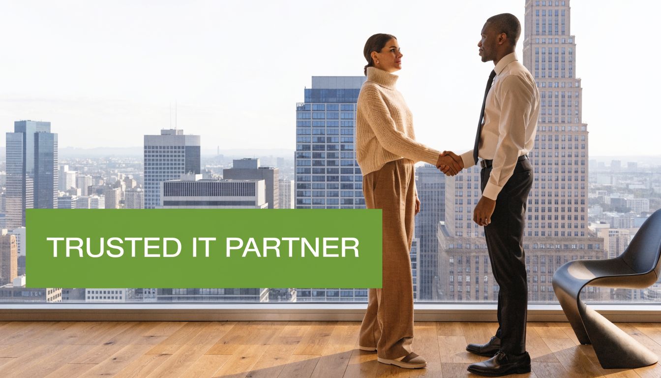 A professional man and woman shaking hands in a modern high-rise office with a city skyline background.