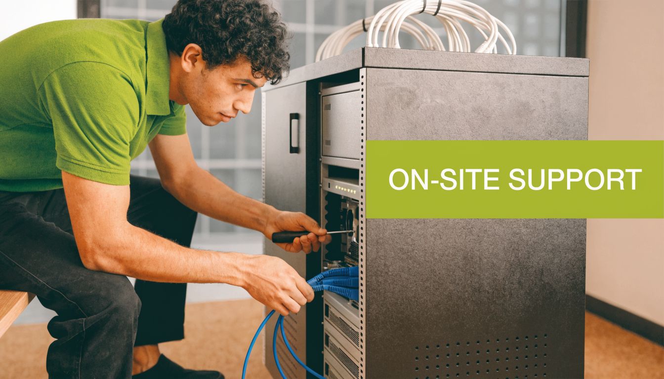 A technician wearing a green polo shirt performs on-site server maintenance and network cable troubleshooting.
