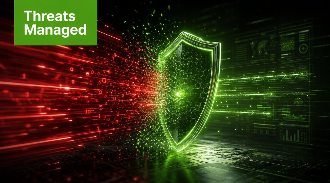 A glowing digital shield blocking a stream of binary code threats in a cyber security concept.