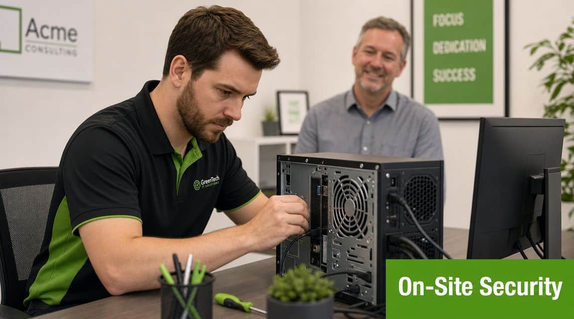 A professional IT technician performs on-site security maintenance on a computer tower in a modern office.