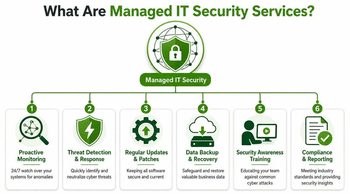 A diagram outlining six essential components of managed IT security services for business systems protection.