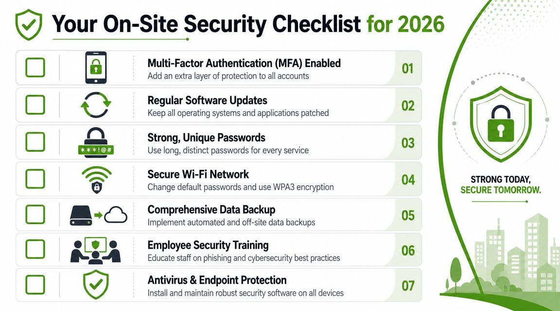An infographic titled Your On-Site Security Checklist for 2026 listing seven essential cybersecurity best practices for businesses.