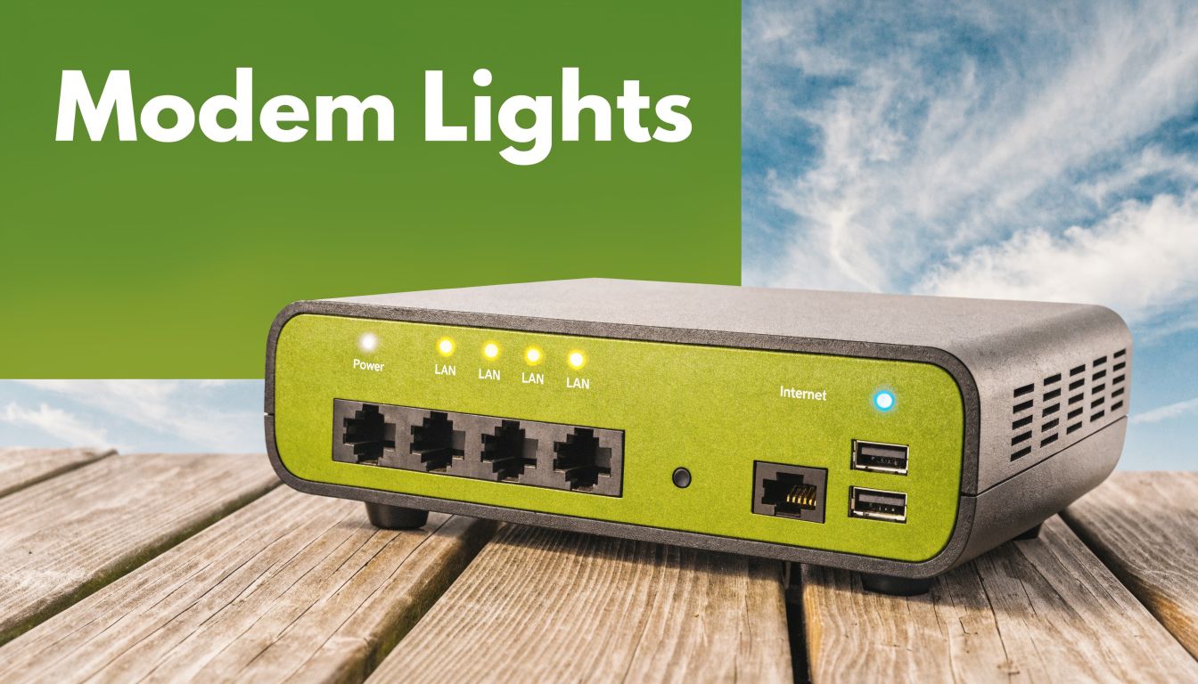 A green-faced modem with glowing power, LAN, and internet indicator lights sitting on a wooden surface.