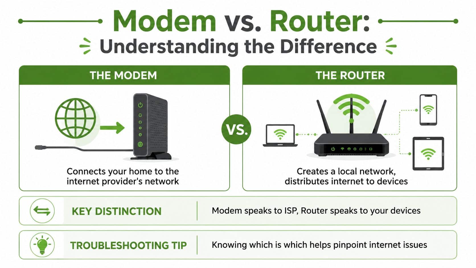 An infographic illustrating the functional differences between a home internet modem and a wireless router device.