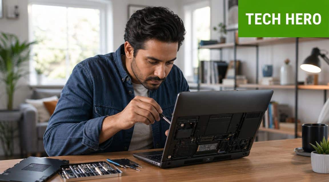 A professional technician carefully repairing a disassembled laptop computer while working at a wooden desk.