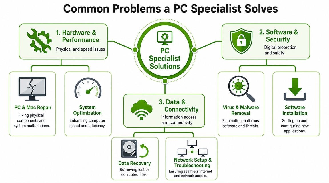 A diagram illustrating the common technical problems solved by a professional PC specialist service provider.