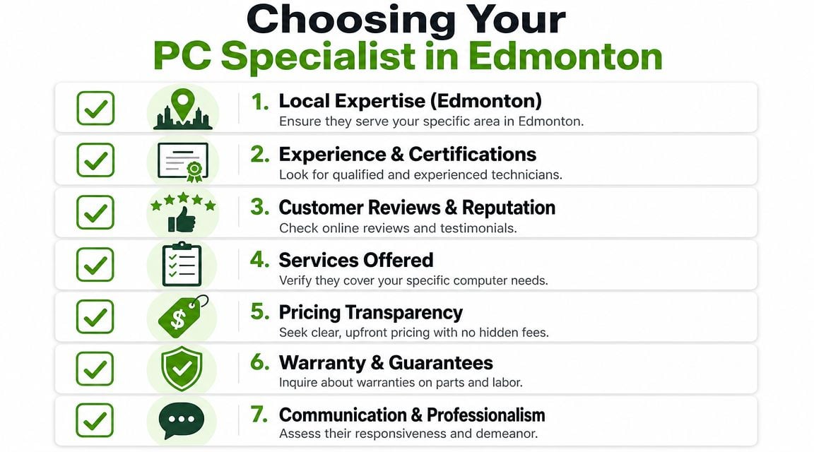 A checklist infographic titled Choosing Your PC Specialist in Edmonton, outlining seven essential tips for hiring computer repair services.