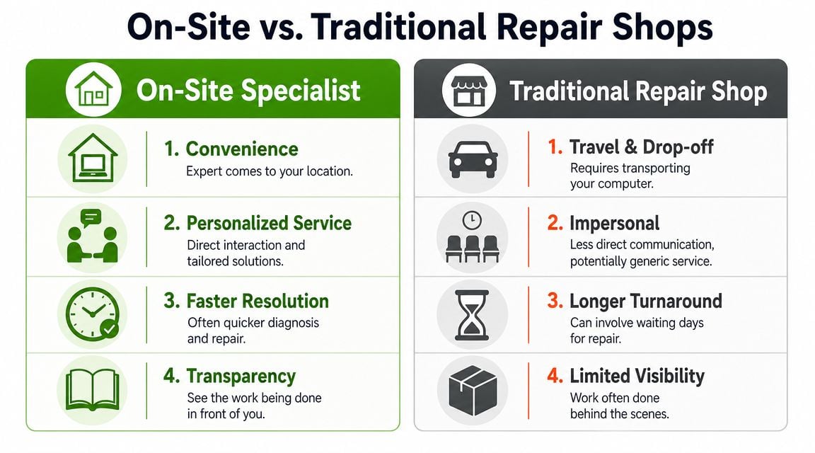 A comparison infographic between the benefits of on-site computer specialists versus traditional repair shops.