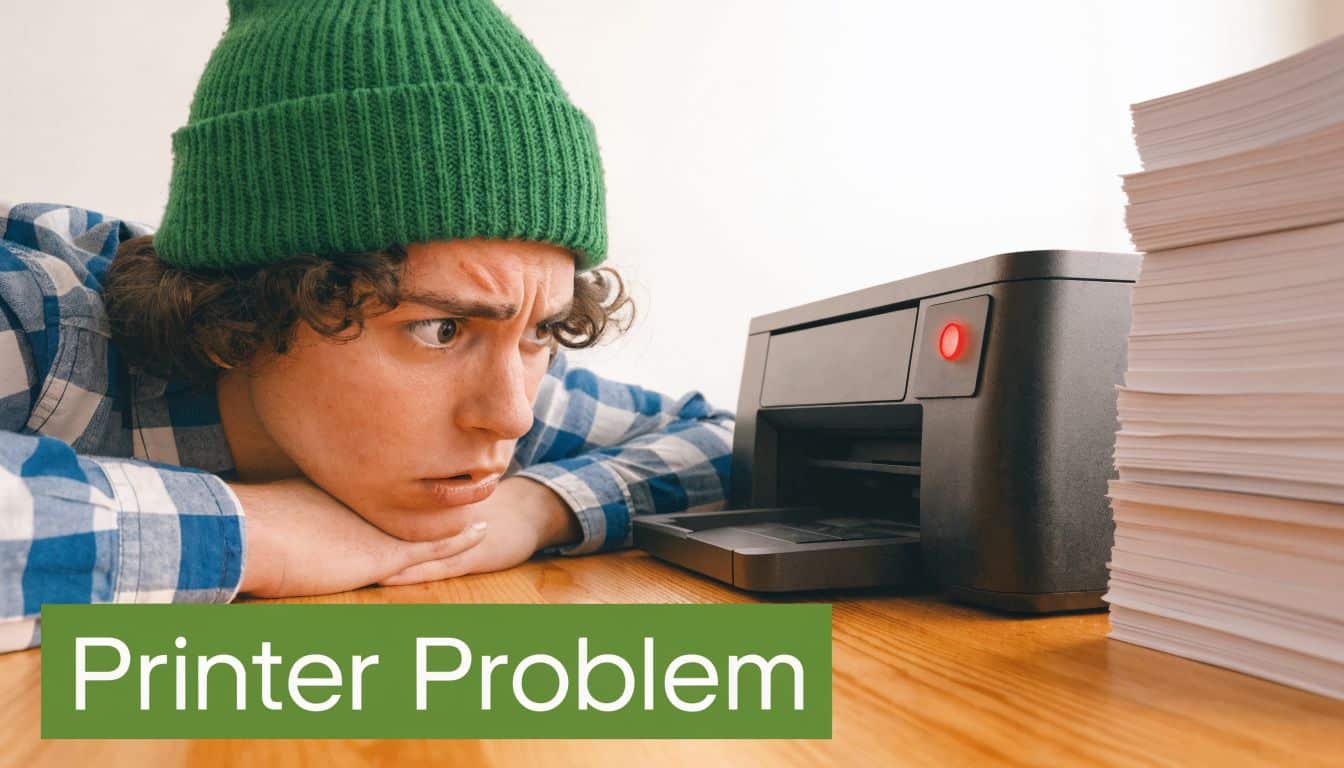A frustrated person wearing a green beanie stares intently at a printer with a red warning light.