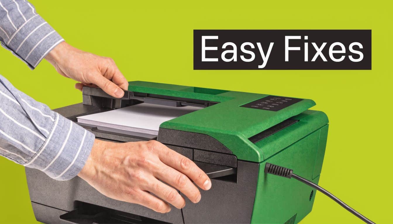 A person adjusting paper in a green and black home printer to perform basic maintenance tasks.