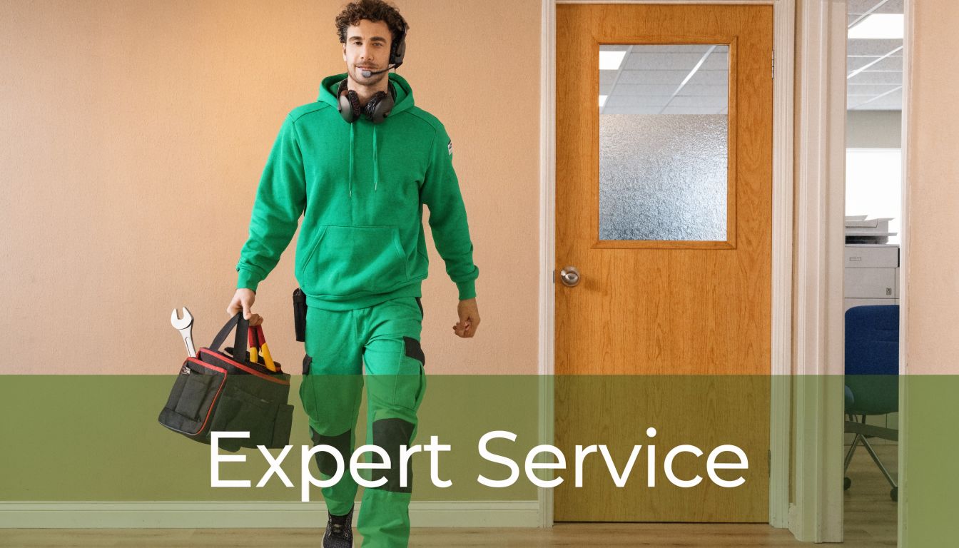 A professional technician wearing green uniform and a headset walks holding a toolbox for equipment maintenance.