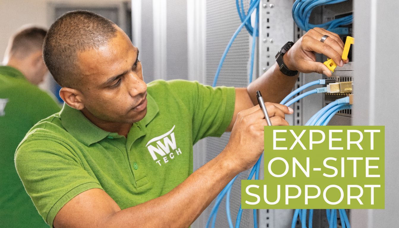 A professional IT technician in a green shirt installing network cables into a server rack.