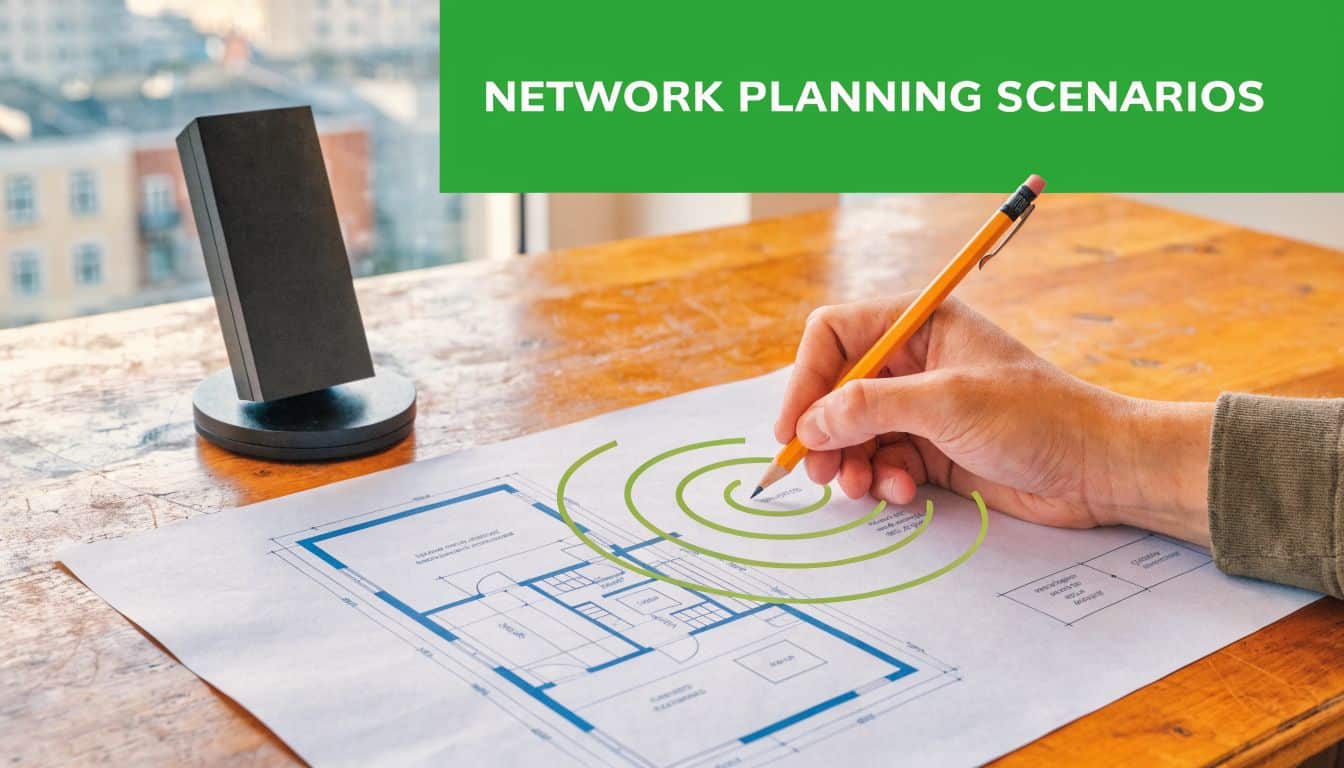 A hand holding a pencil draws signal waves on a house blueprint next to a wireless device.
