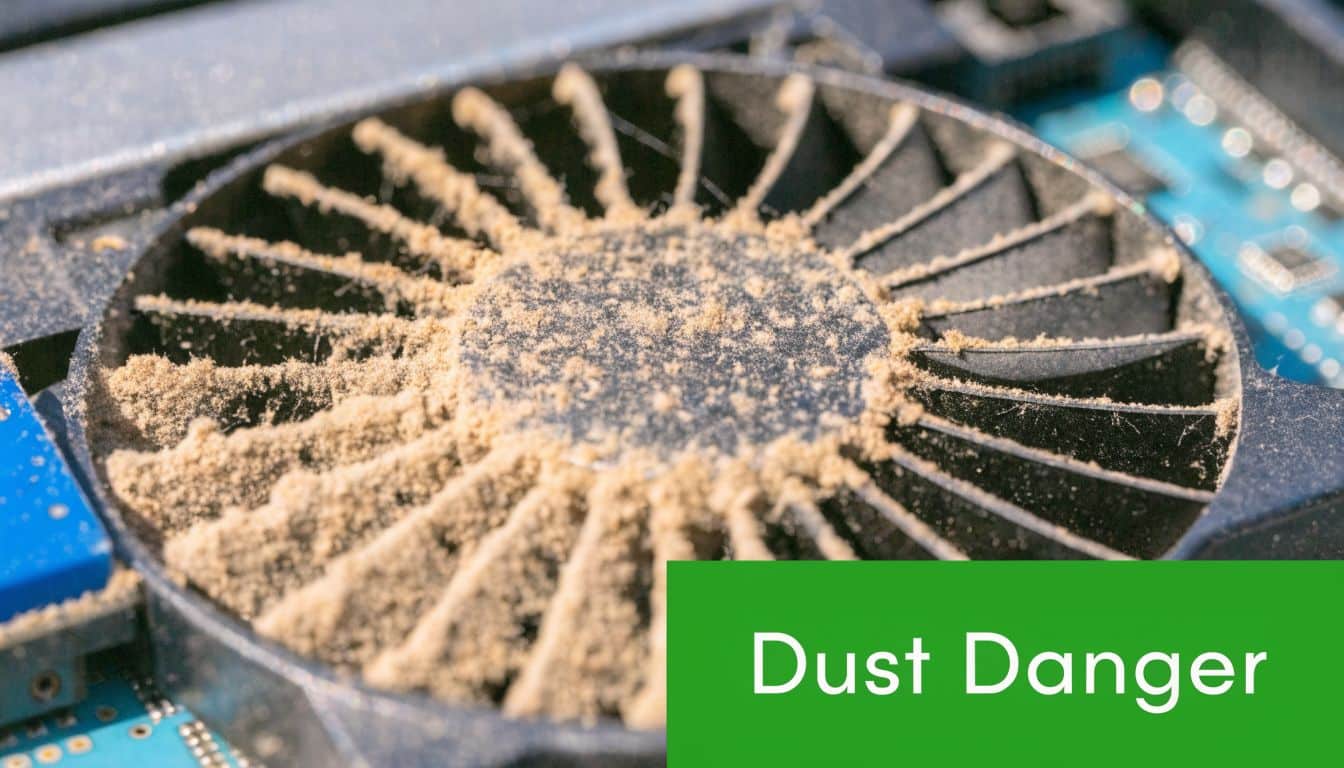 A close-up view of a dirty laptop cooling fan heavily covered in thick layers of dust.
