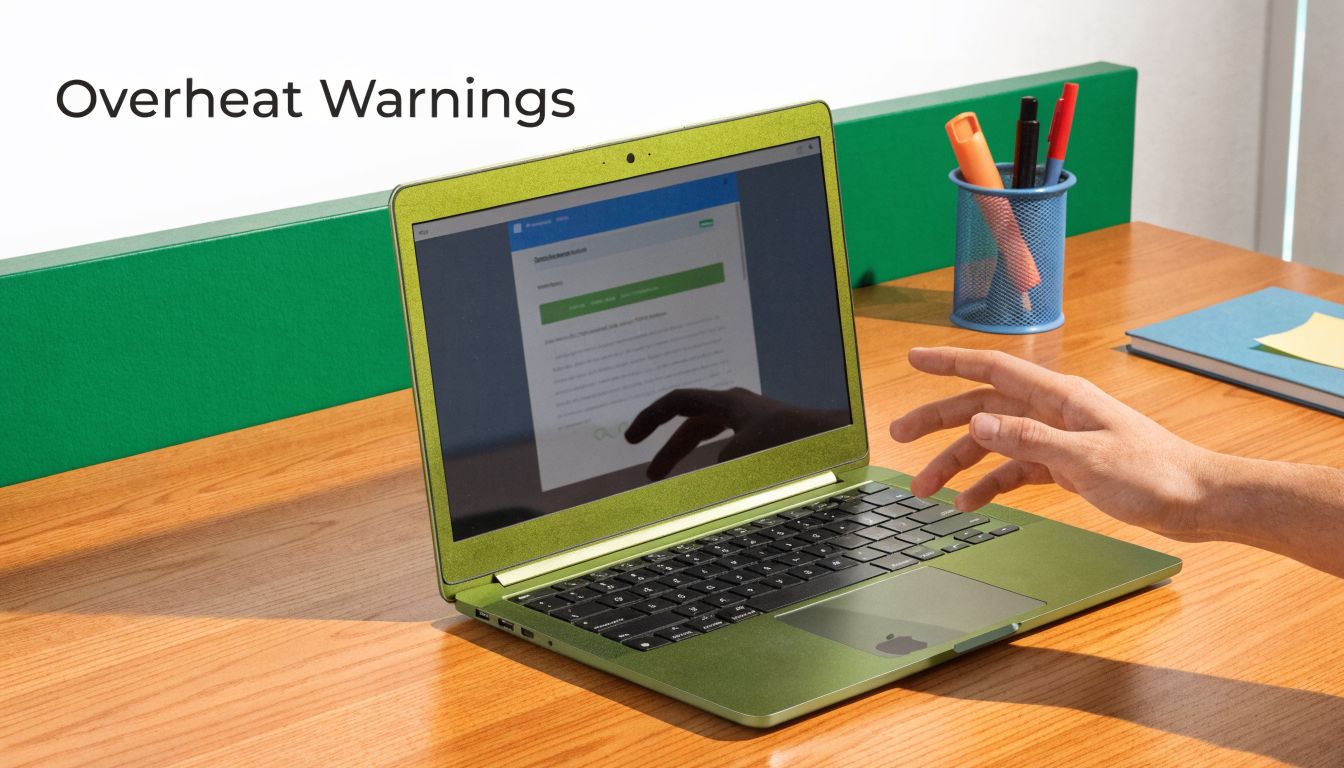 A person using a green laptop at a wooden desk with a pen holder nearby.