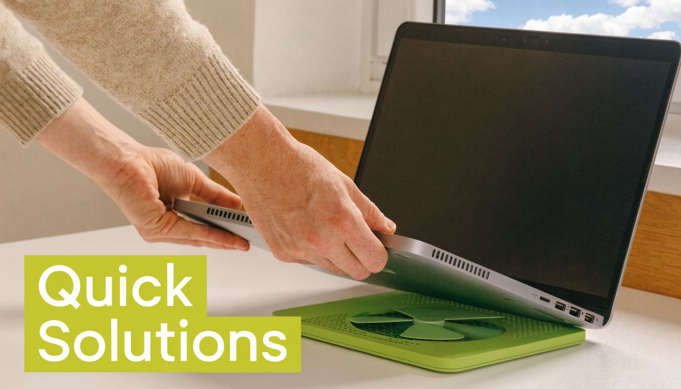 A person placing a laptop onto a green cooling pad to help prevent the computer from overheating.