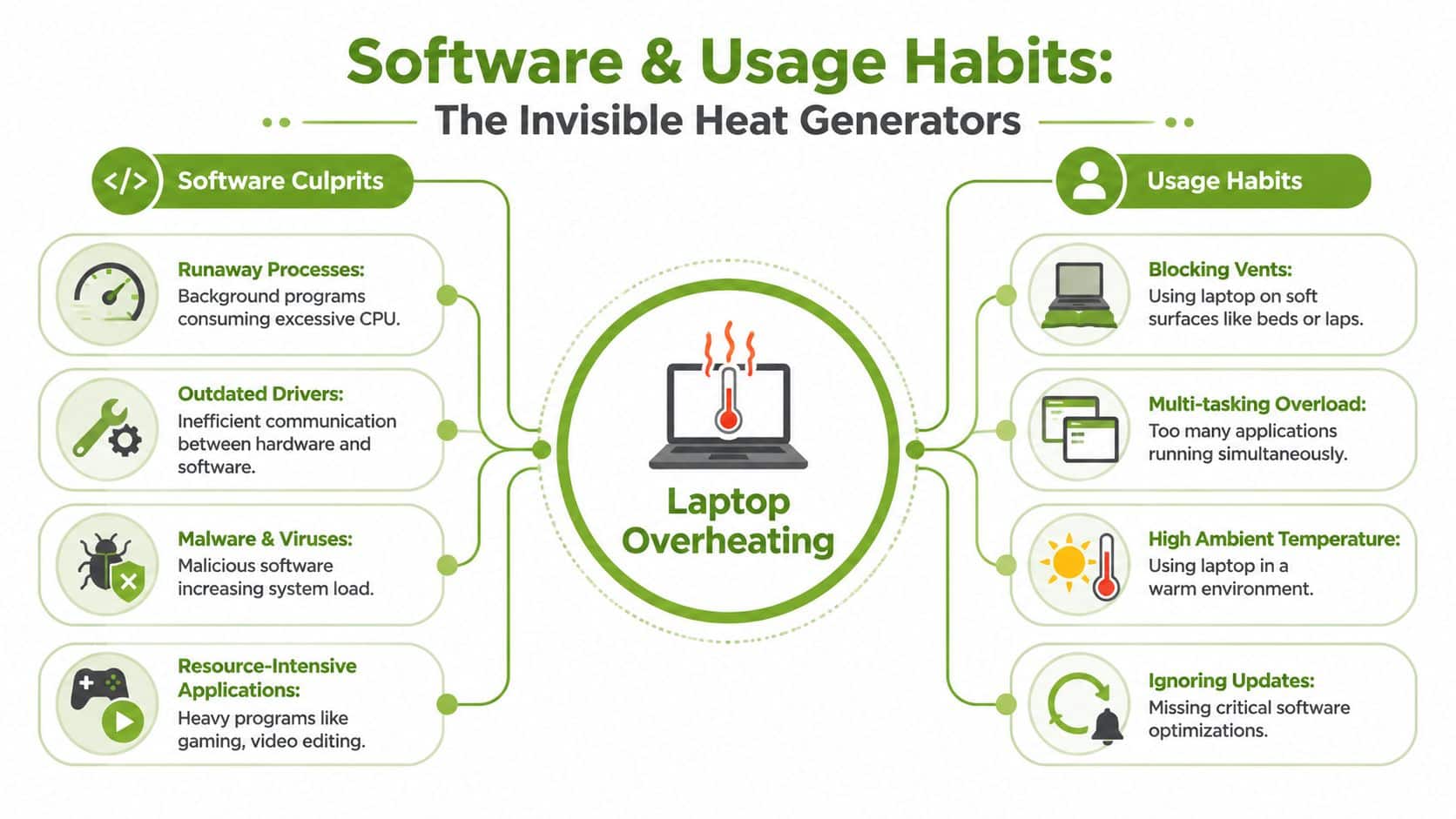 An infographic detailing software culprits and usage habits that cause laptops to overheat and run slowly.